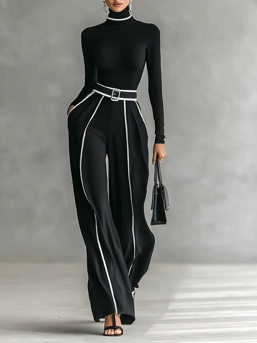 Two-piece women’s set with high-neck long-sleeve top, wide-leg trousers, and belt