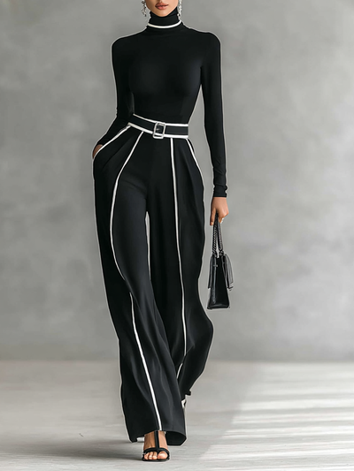 Two-piece women’s set with high-neck long-sleeve top, wide-leg trousers, and belt