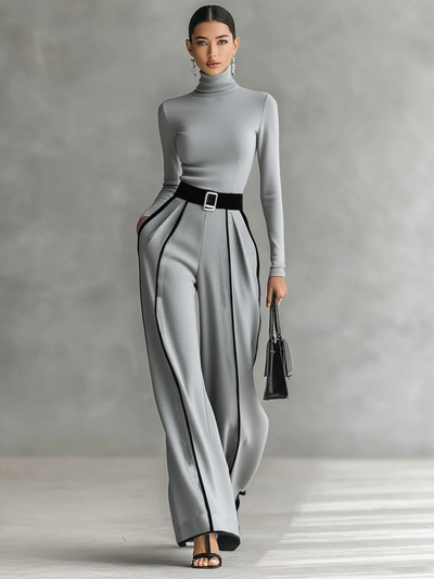 Two-piece women’s set with high-neck long-sleeve top, wide-leg trousers, and belt