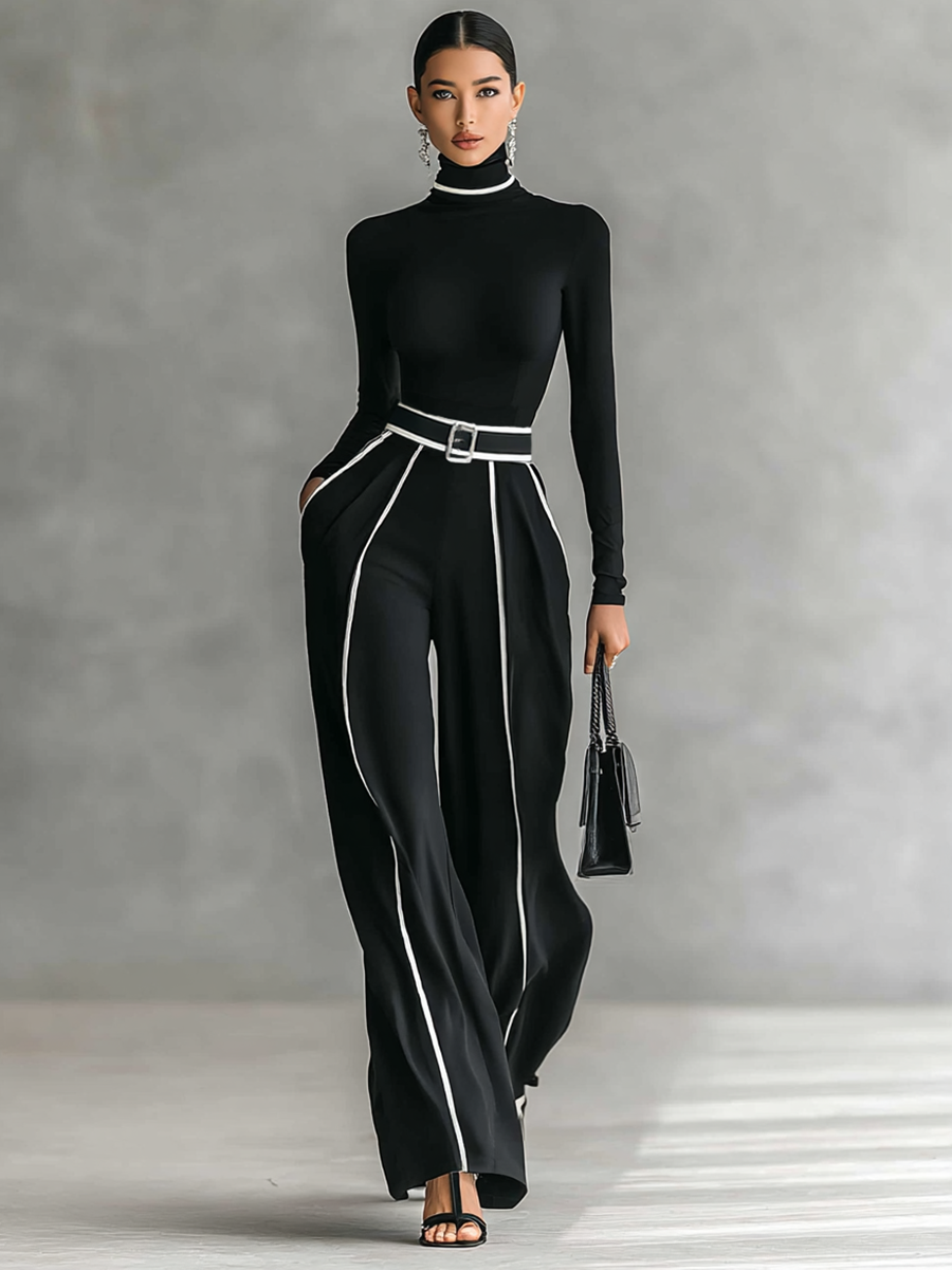 Two-piece women’s set with high-neck long-sleeve top, wide-leg trousers, and belt