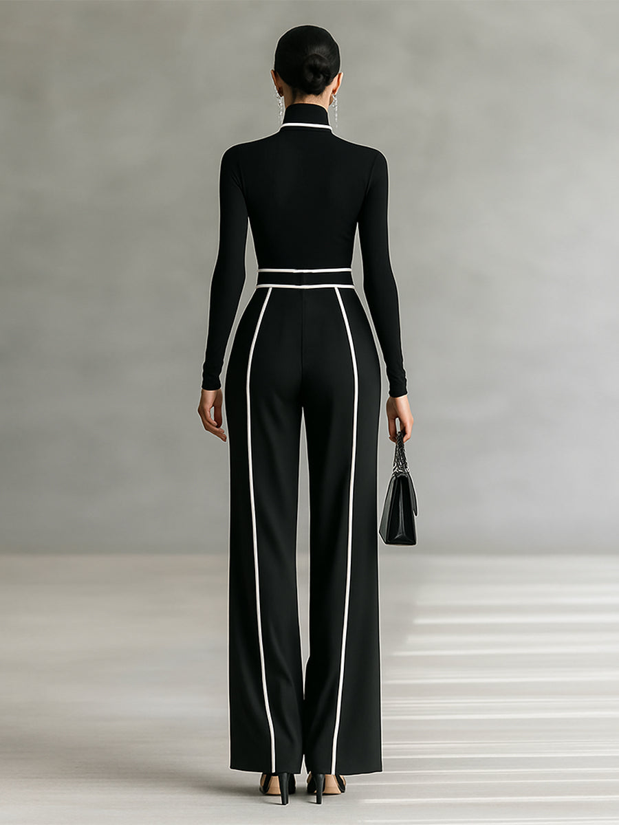 Two-piece women’s set with high-neck long-sleeve top, wide-leg trousers, and belt